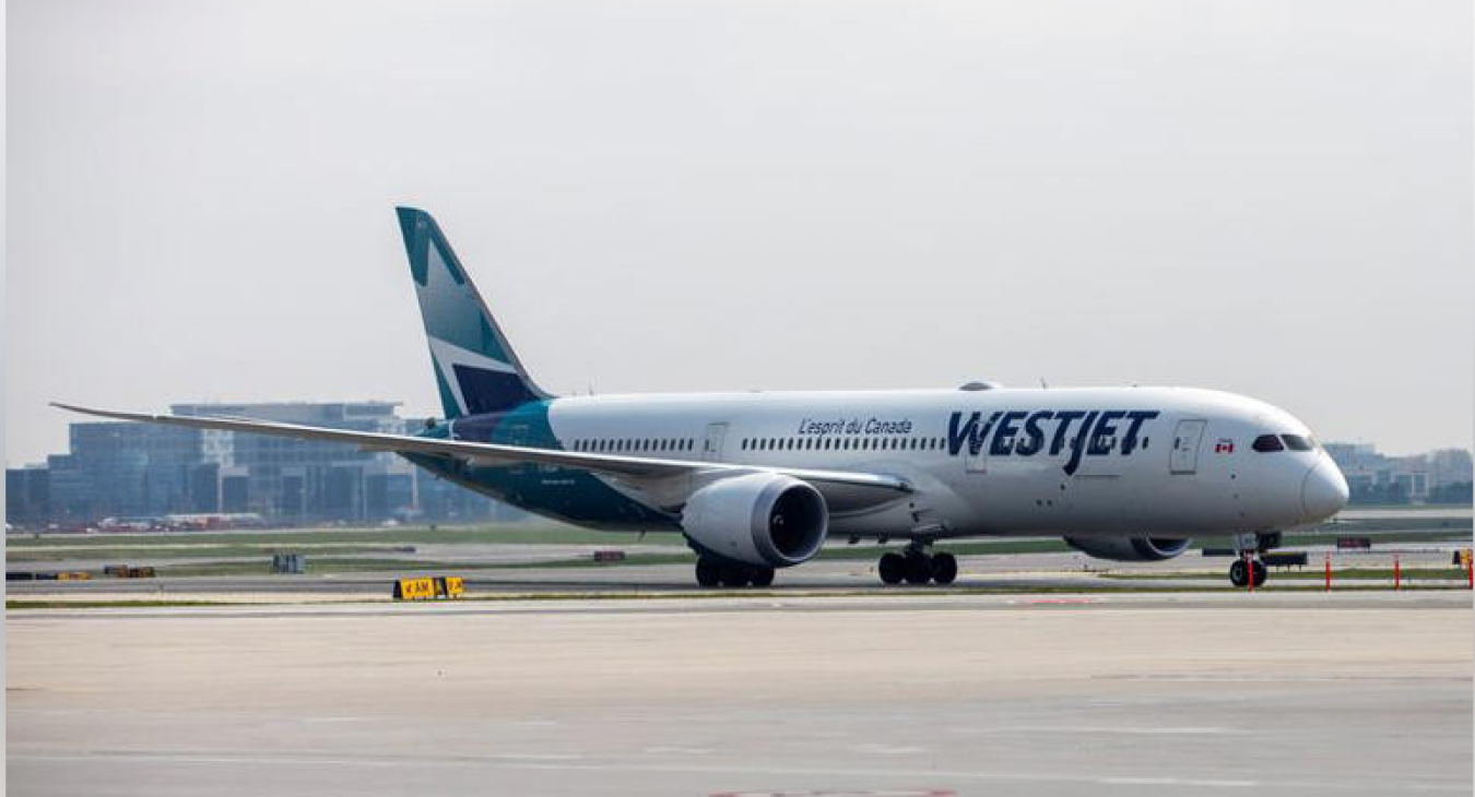 A WestJet Boeing 787-9 Dreamliner airplane taxis along a runway at Toronto Pearson